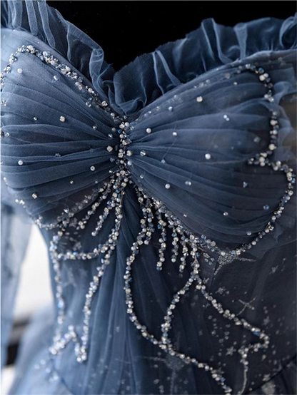 Elegant Blue Tulle Beaded Fairy Ball Gown Long Prom Dress Quinceanera Dress  SH1028