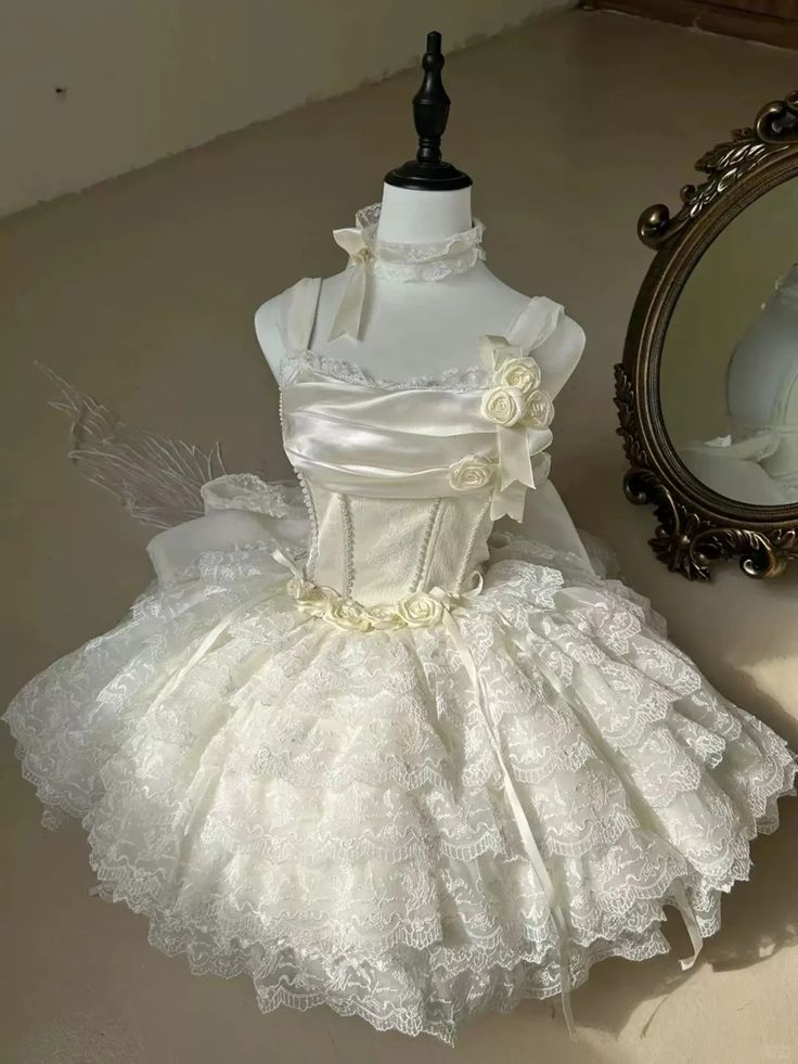 Classy Beige Floral Design Lace Layered Princess Birthday Dress With Big Bow  S397