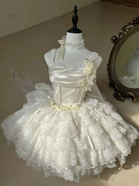 Classy Beige Floral Design Lace Layered Princess Birthday Dress With Big Bow  S397