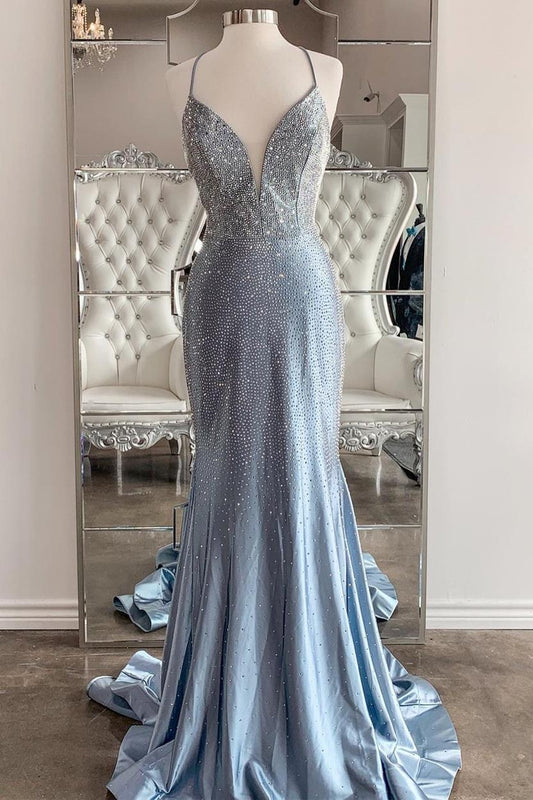 Glitter Beaded Criss Cross Back Mermaid Prom Dress