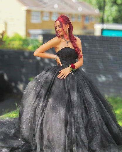 Glitter Black Strapless Ball Gown Tulle Birthday Dress