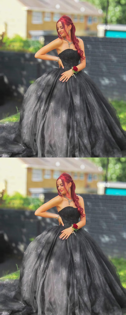 Glitter Black Strapless Ball Gown Tulle Birthday Dress