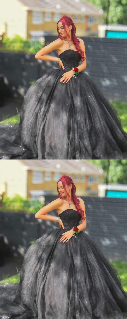 Glitter Black Strapless Ball Gown Tulle Birthday Dress
