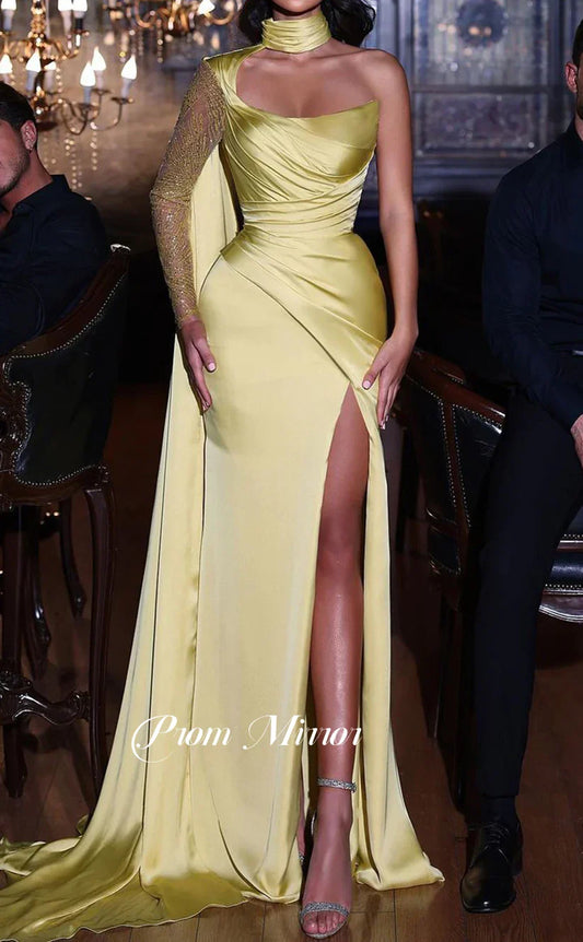 Glitter Yellow High Neck Satin Prom Dresses With Shawl