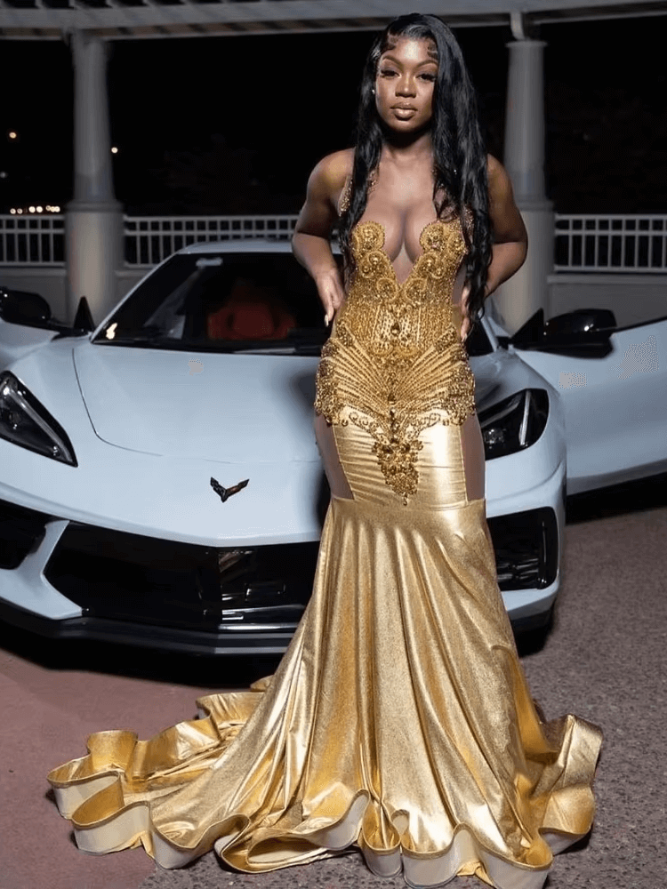 Gold Long Fitted Mermaid Prom Dresses Crystal Rhinestones