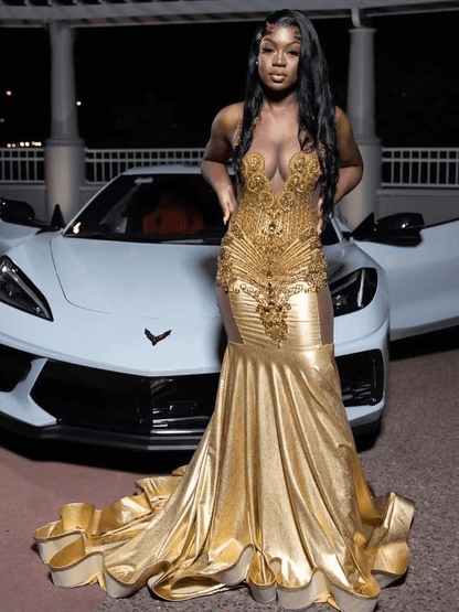 Gold Long Fitted Mermaid Prom Dresses Crystal Rhinestones