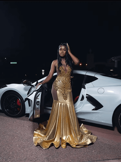 Gold Long Fitted Mermaid Prom Dresses Crystal Rhinestones