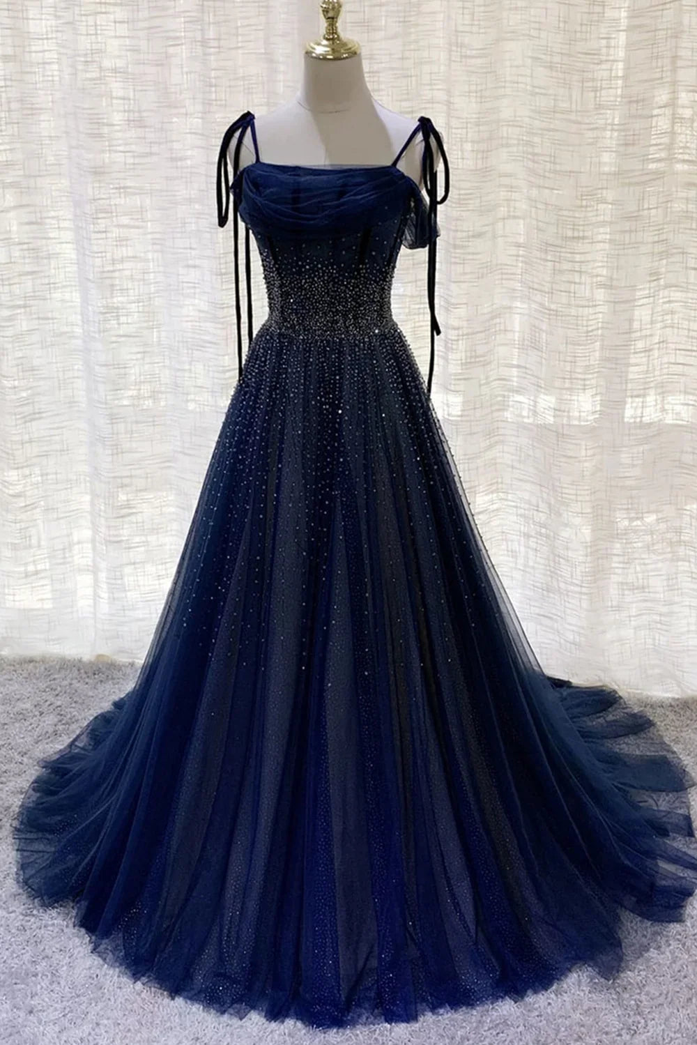 Dark blue gorgeous shiny sequins long elegant tulle ball gown evening dress gh2578