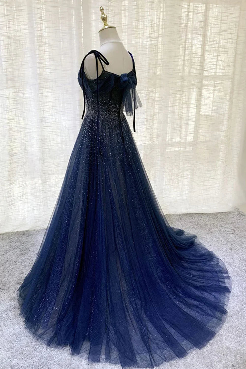 Dark blue gorgeous shiny sequins long elegant tulle ball gown evening dress gh2578