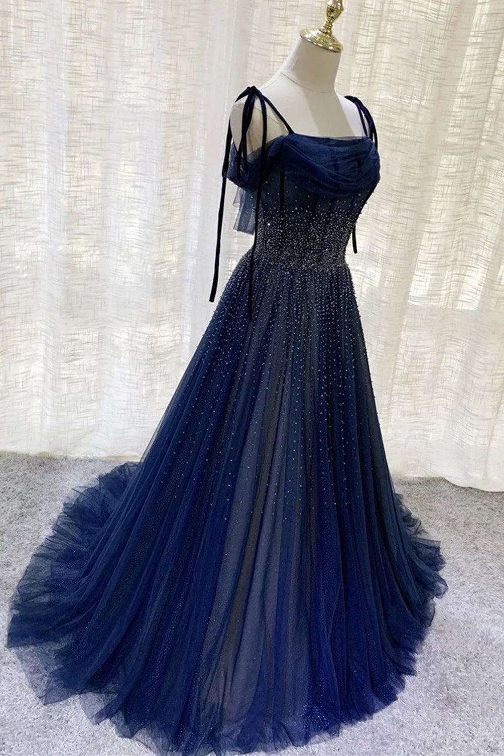 Dark blue gorgeous shiny sequins long elegant tulle ball gown evening dress gh2578