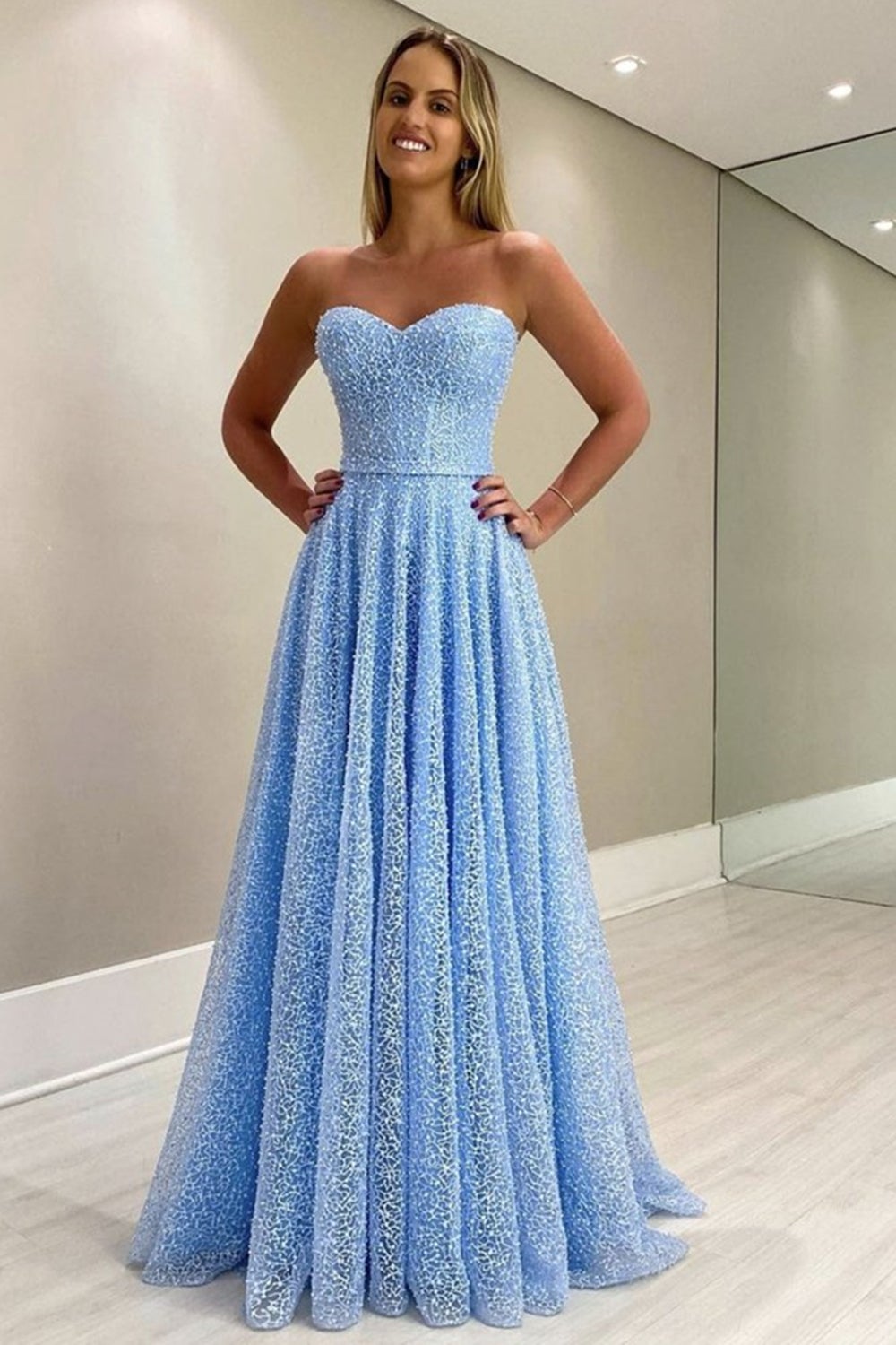Gorgeous Sweetheart Blue Long Prom Dress, Strapless Formal Dresses, Woman Evening Dress
