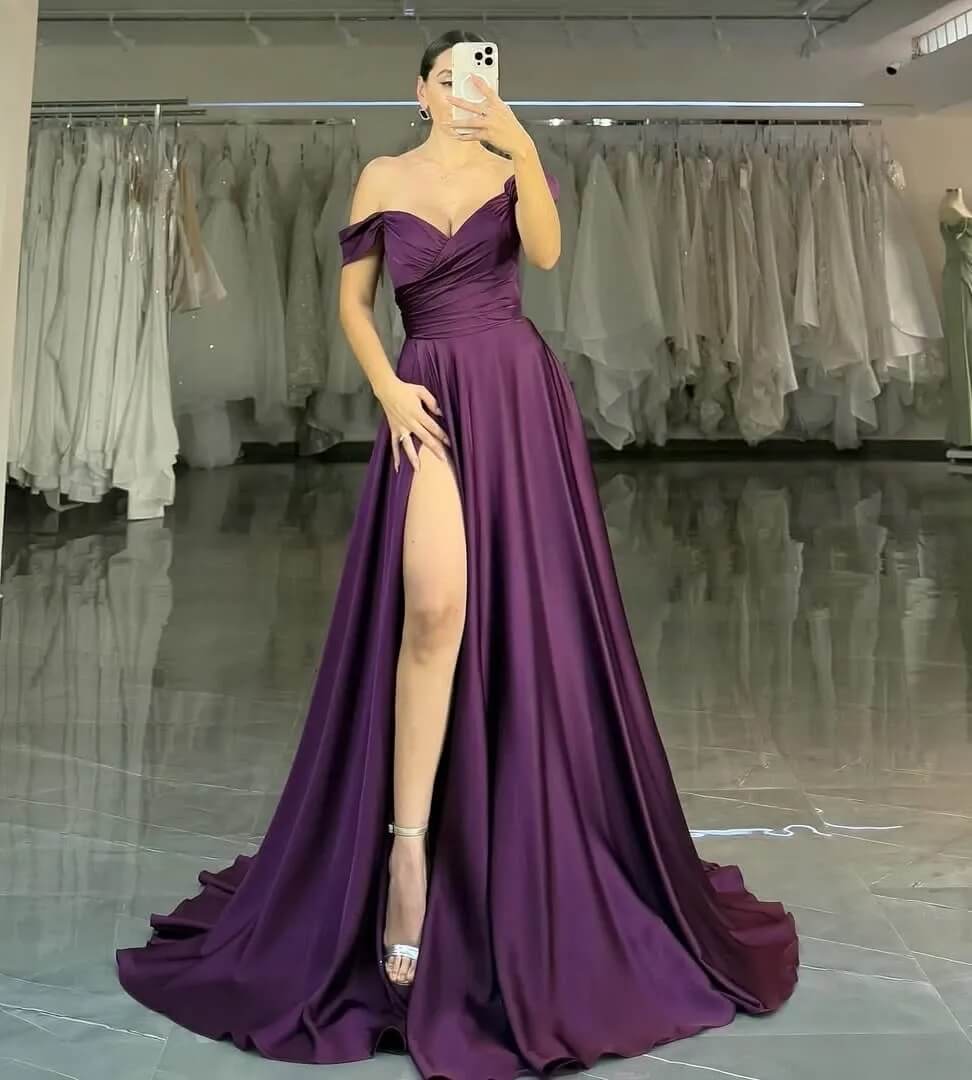 Grape Long Satin Prom Dress with Slit Long Wedding Party Gown