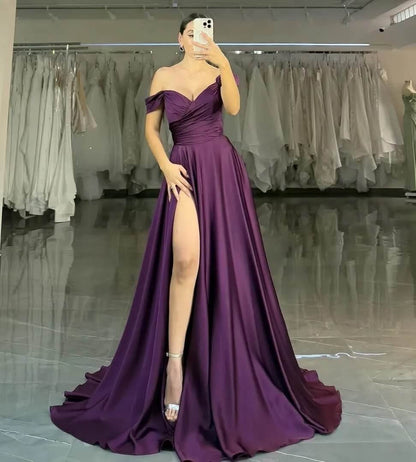 Grape Long Satin Prom Dress with Slit Long Wedding Party Gown