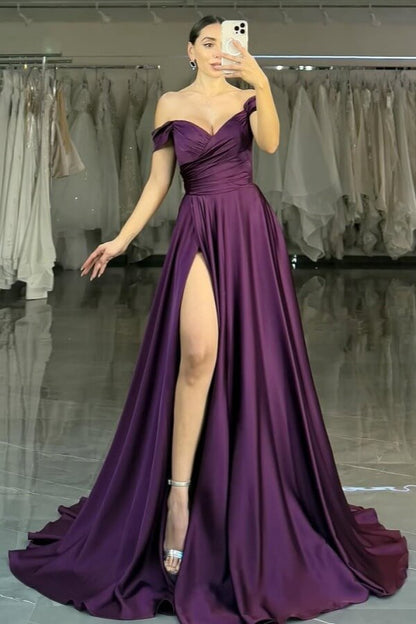 Grape Long Satin Prom Dress with Slit Long Wedding Party Gown