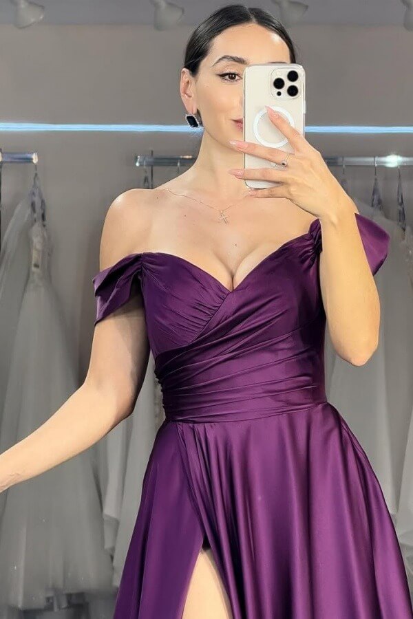 Grape Long Satin Prom Dress with Slit Long Wedding Party Gown