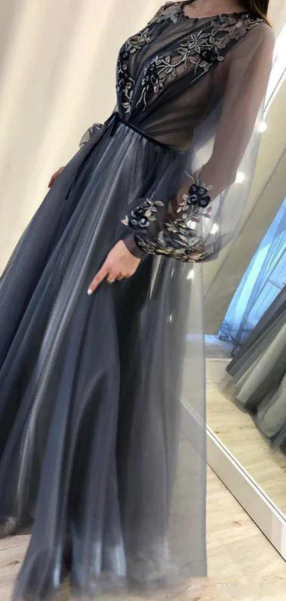 Grey/blue/green elegant delicate floral applique long sleeves maxi tulle ball gown evening dress party dress gh2110