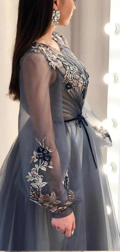 Grey/blue/green elegant delicate floral applique long sleeves maxi tulle ball gown evening dress party dress gh2110