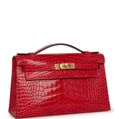 H MINI KELLY POCHETTE CROCODILE GOLD TONED HARDWARE RED 22CM