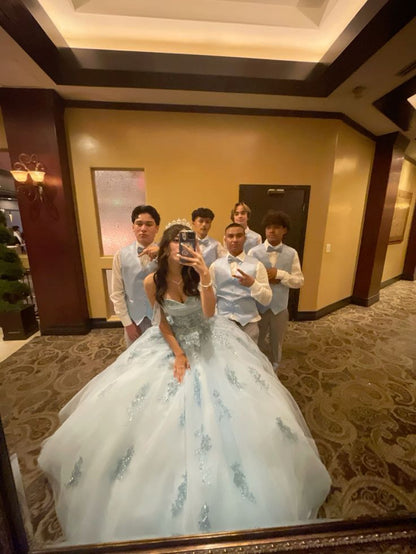 Modest Ball Gown Off The Shoulder Blue Tulle Lace Long Quinceanera Dress Formal Gowns Vestido De 15 Anos Sweet 16 Dress H1854