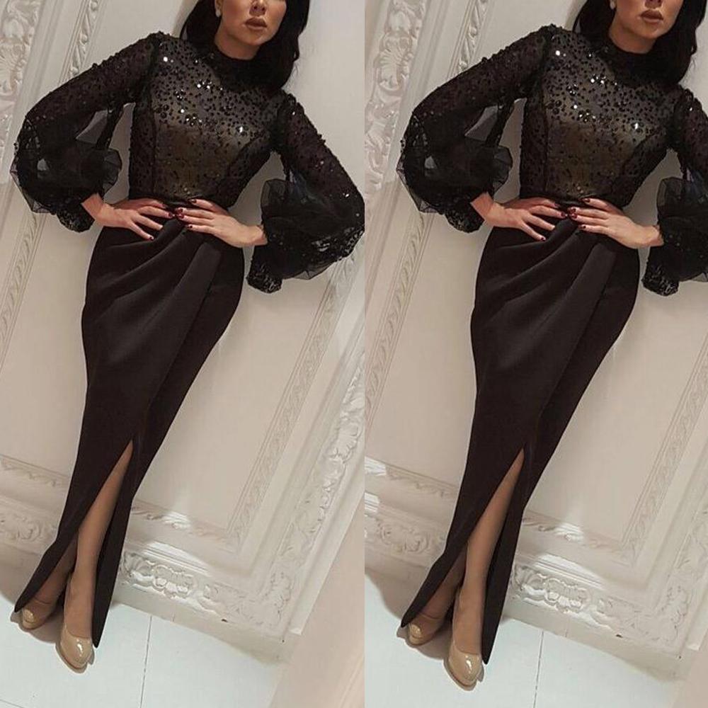 Black Evening Dresses Prom Gowns Long Sleeve High Neck Split Black Mermaid Sequined    cg11421