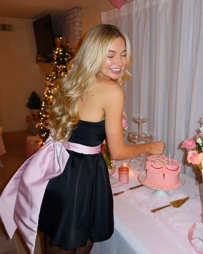 Cute Strapless Black Satin A Line Formal 20th Birthday Dress Short Homecoming Dress With Bow S956