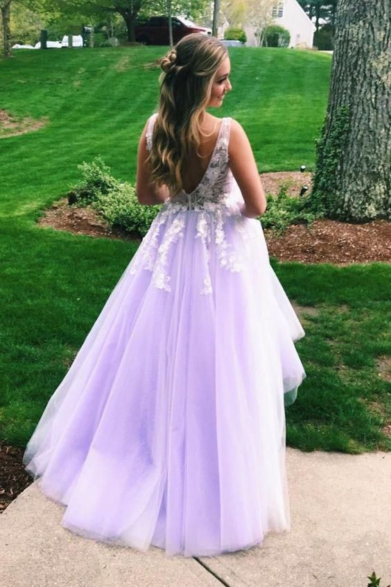 V Neck Open Back Tulle Applique Long Prom Dress SH568