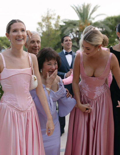 Elegant Pink A Line V Neck Appliques Satin Prom Dress Evening Dress SH2467