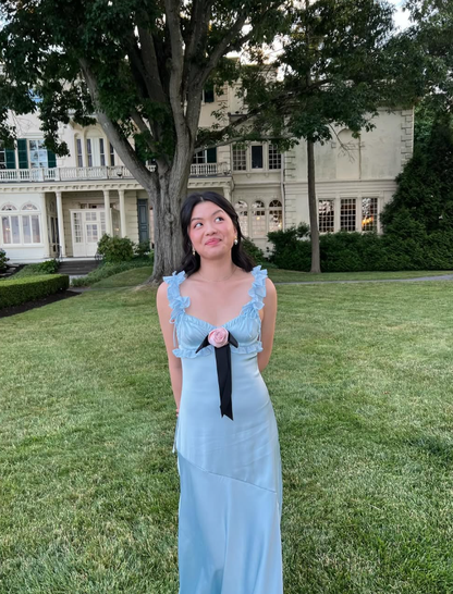 Cute A Line Spaghetti Straps Flower Bow Blue Satin Long Prom Dress Graduation Prom SH2652