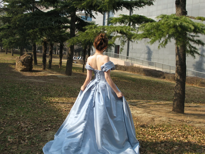 Blue A Line Off the Shoulder Flower Satin Long Party Dress Birthday Dress SH2908