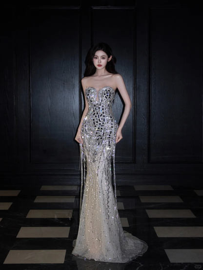 Exquisite Silver Sequin Beaded Mermaid Sweetheart Neck Long Date Dress Evening Dress Prom Dress SH3443