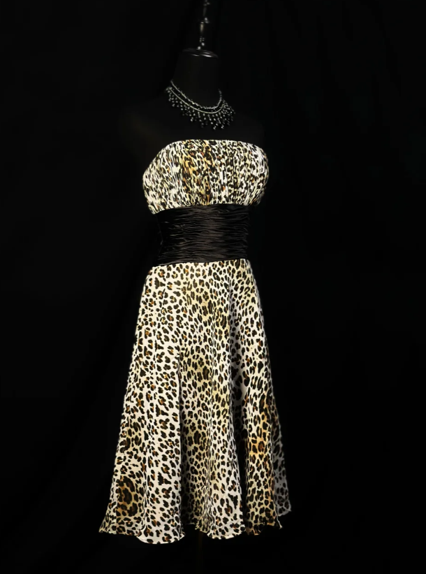 Vintage Leopard Chiffon Beaded Homecoming Dress Strapless Cocktail Dress S428