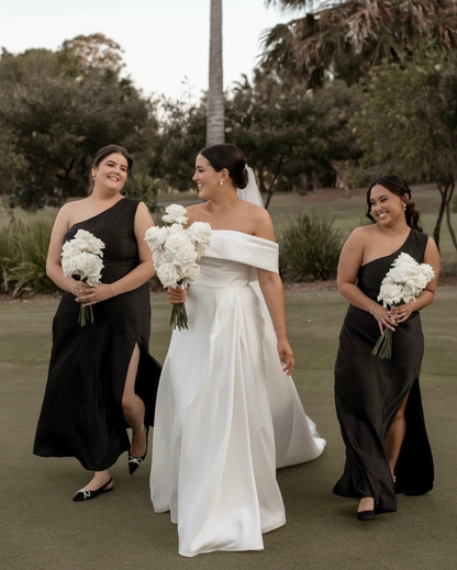 Pretty Sheath One Shoulder Black Satin Bridesmaid Dress Evening Dress with Slit SH3206