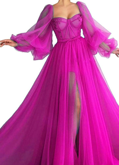 Tulle Evening Dress, Long Sleeves Long Prom Dress P3663