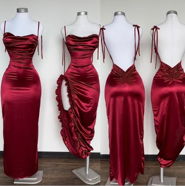 Unique Dark Red Spaghetti Straps Sheath Prom Dress Wedding Party Dresses