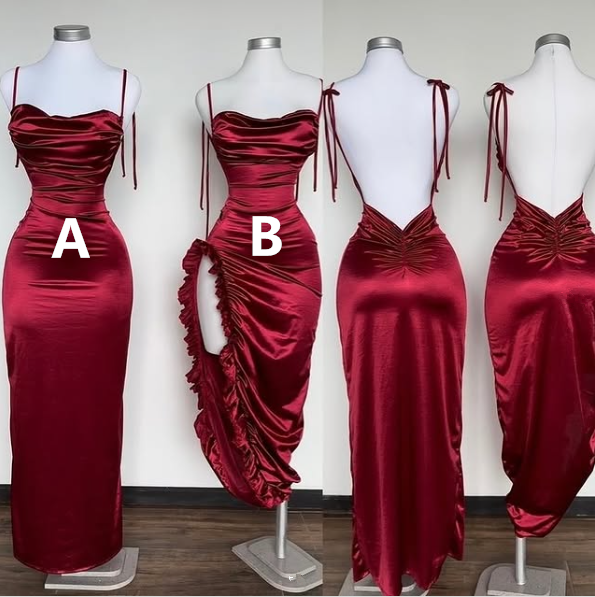Unique Dark Red Spaghetti Straps Sheath Prom Dress Wedding Party Dresses