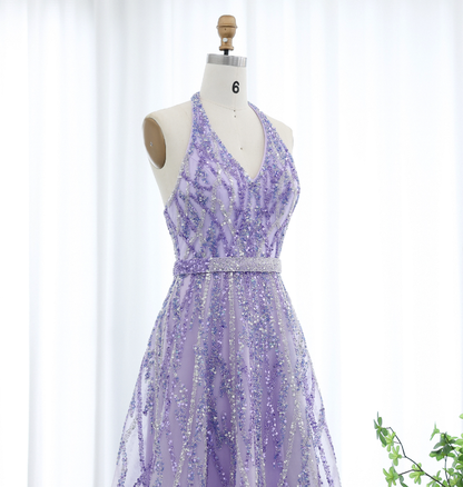 Lilac A Line V Neck Sequin Beaded Tulle Long Prom Dress Evening Dress SH2374