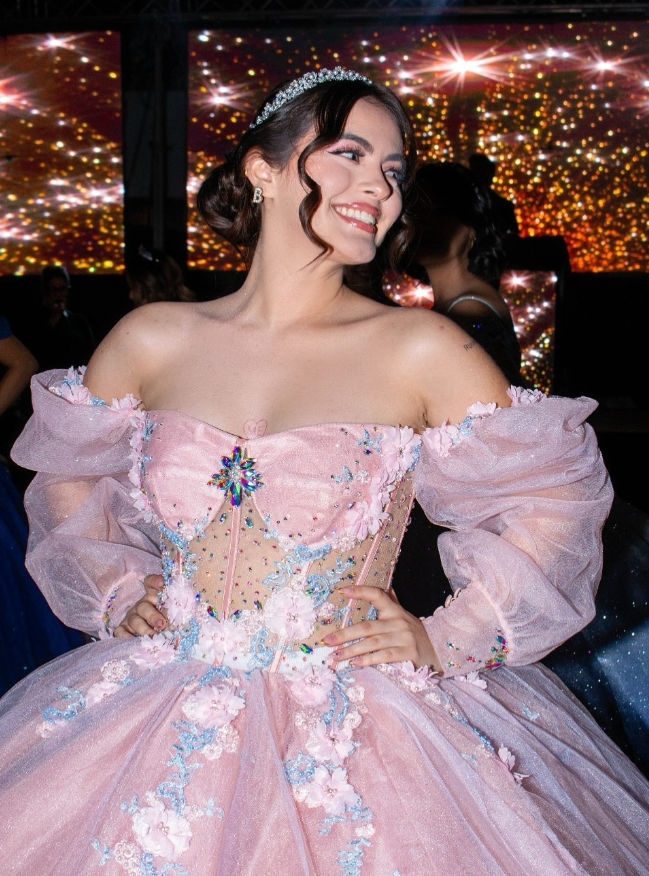 Romantic Poofy Pink Floral Wedding Dresses Off the Shoulder Ball Gown Quinceanera Dress SH2510