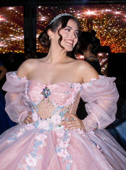 Romantic Poofy Pink Floral Wedding Dresses Off the Shoulder Ball Gown Quinceanera Dress SH2510