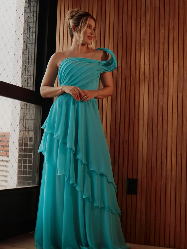 Unique A Line One Shoulder Blue Chiffon Long Prom Dress Evening Dress SH2504