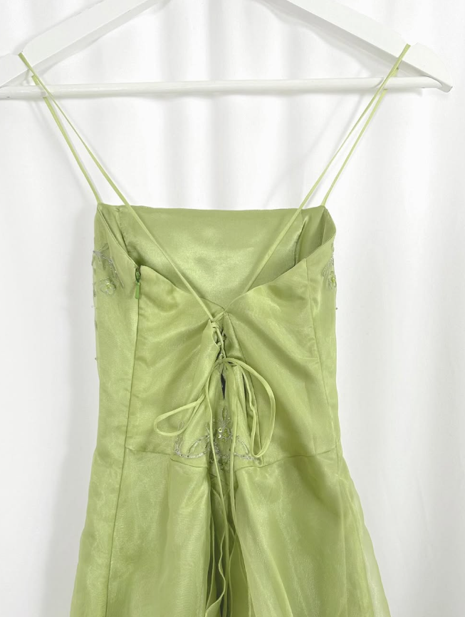 Green Vintage A Line Spaghetti Strap Beaded Organza Party Dress Prom Dress SH3600