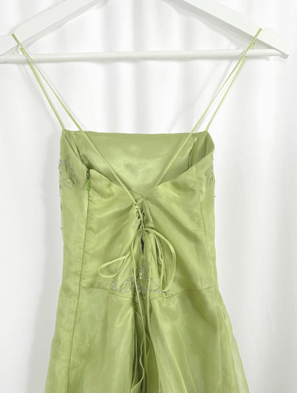 Green Vintage A Line Spaghetti Strap Beaded Organza Party Dress Prom Dress SH3600