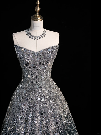 Gorgeous A Line Sweetheart Neck Beaded Sequin Black Tulle Long Prom Dress Evening Dress SH2559