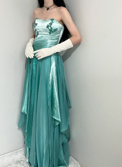 Blue Ombre Vintage A Line Sweetheart Neck Appliques Satin Chiffon Prom Dress Evening Dress SH2540