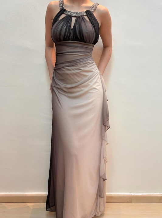 Vintage Mermaid Halter Rhinestone Grey Ombre Chiffon Prom Dress Evening Dress SH2065