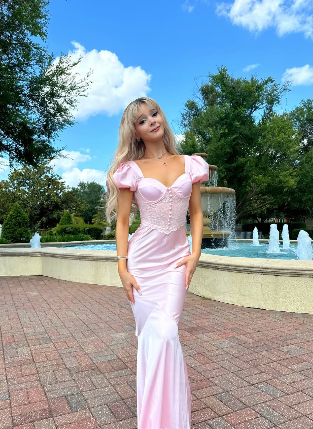 Princess Pink Mermaid Puff Lace Satin Prom Dress Cocktail Dress SH3744