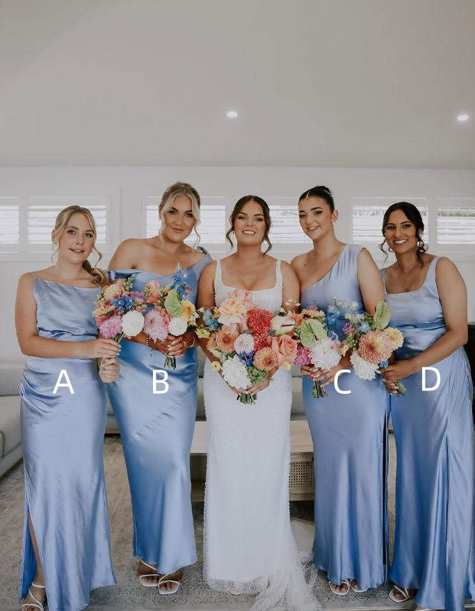 Gentle Sheath Strap Blue Satin Evening Dress Bridesmaid Dress with Slit SH2698