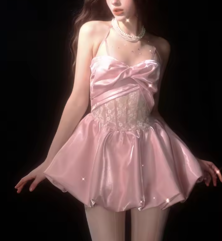 Cute Spaghetti Straps Satin Lace Birthday Outfits Pink A Line Homecoming Dress S413