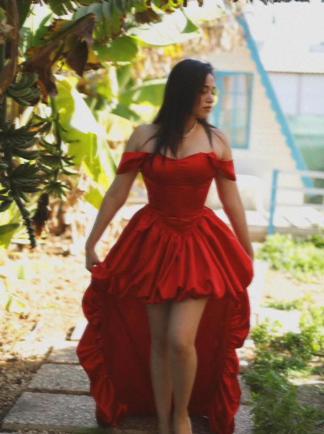 Sexy A Line Off the Shoulder Corset Red Satin Long Short Prom Dress Evening Dress SH2100
