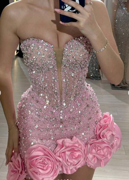 Beautiful Pink Strapless Tulle Beaded Rose Flowers Homecoming Dress Sexy Cocktail Dress S381