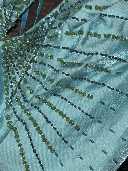 Baby Blue Mermaid V Neck Beaded Satin Long Open Back Prom Dress Evening Dress SH3142